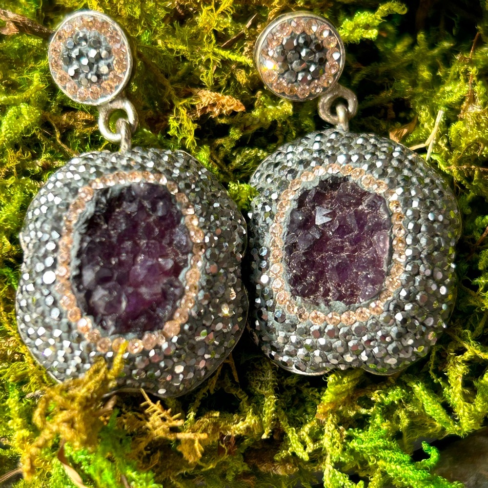 Sterling and purple druzy drop earrings with white and black crystals